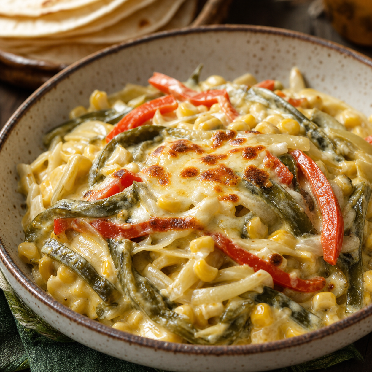 Rajas de chiles en julianas con crema y elote