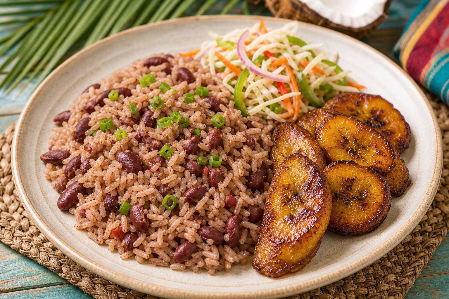 Rice and beans con leche de coco y plátano frito