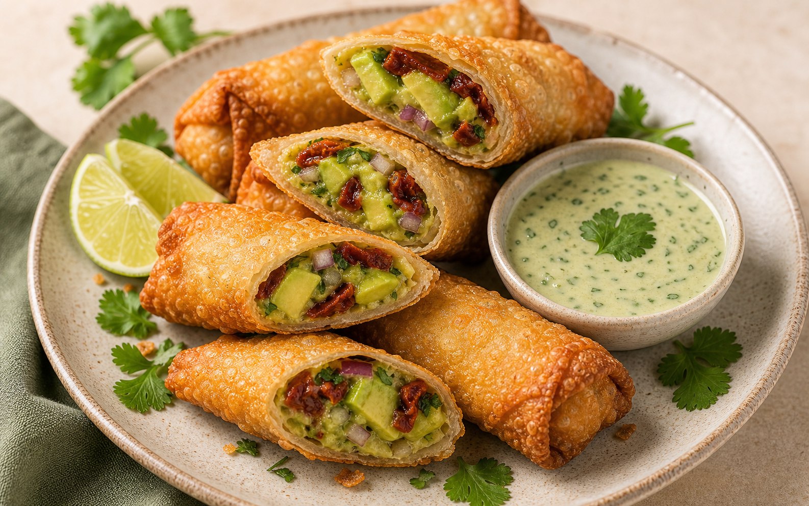 Rollitos de aguacate cortados mostrando el relleno verde