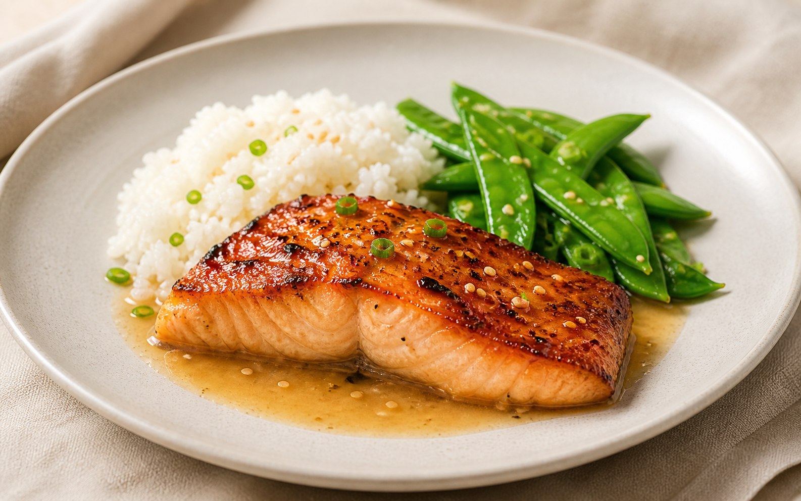 Salmón glaseado con miso, arvejas chinas y arroz