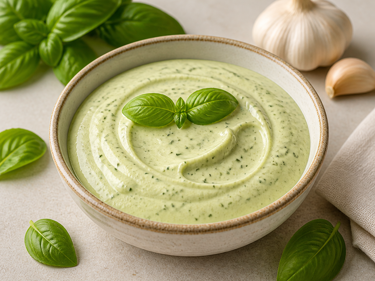 Salsa cremosa verde clara con hojas de albahaca