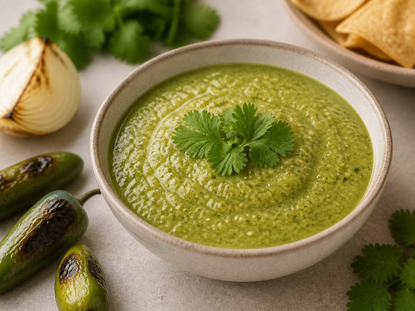 Salsa verde de chile jalapeño en cuenco