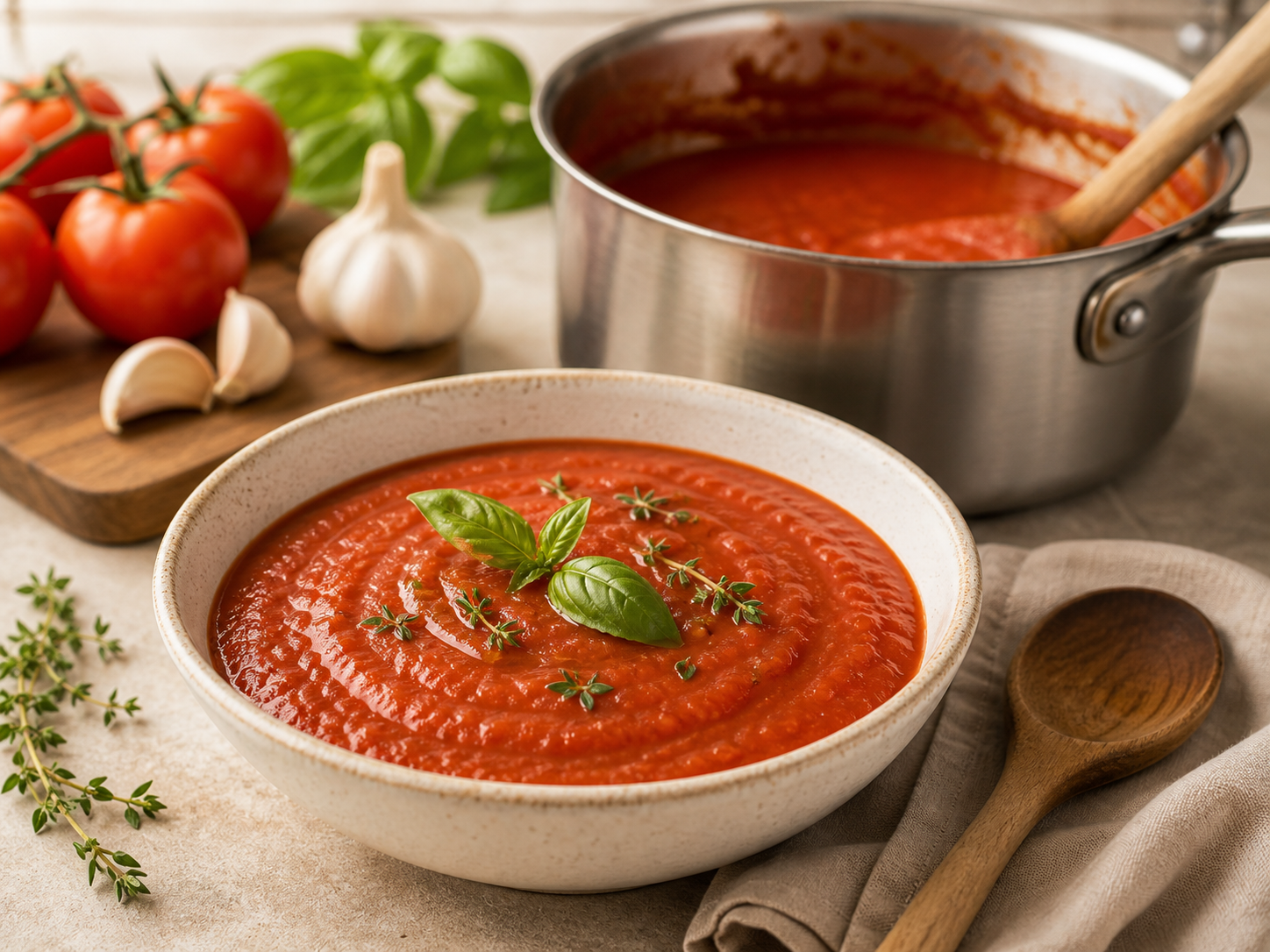 Salsa de tomate roja en olla