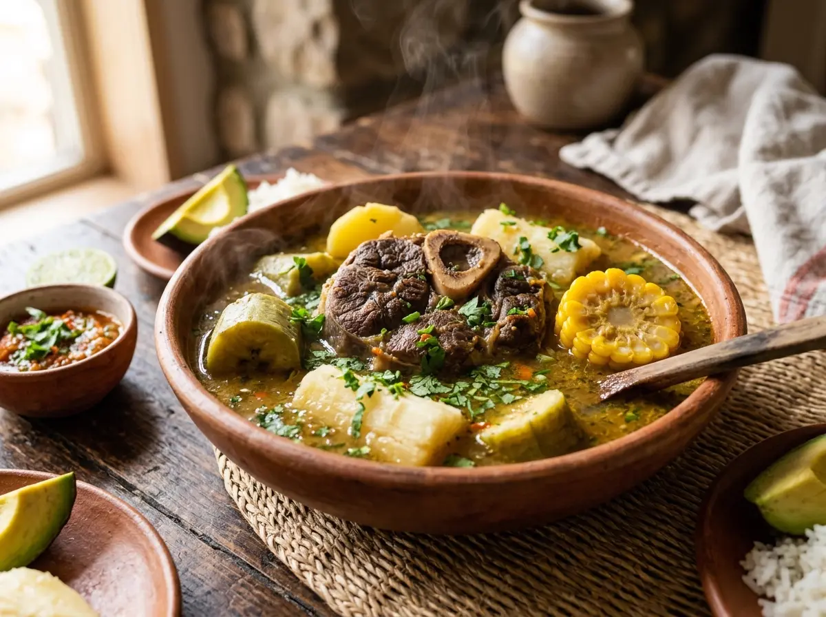 Tazón grande de barro con sancocho de res, mazorca y yuca