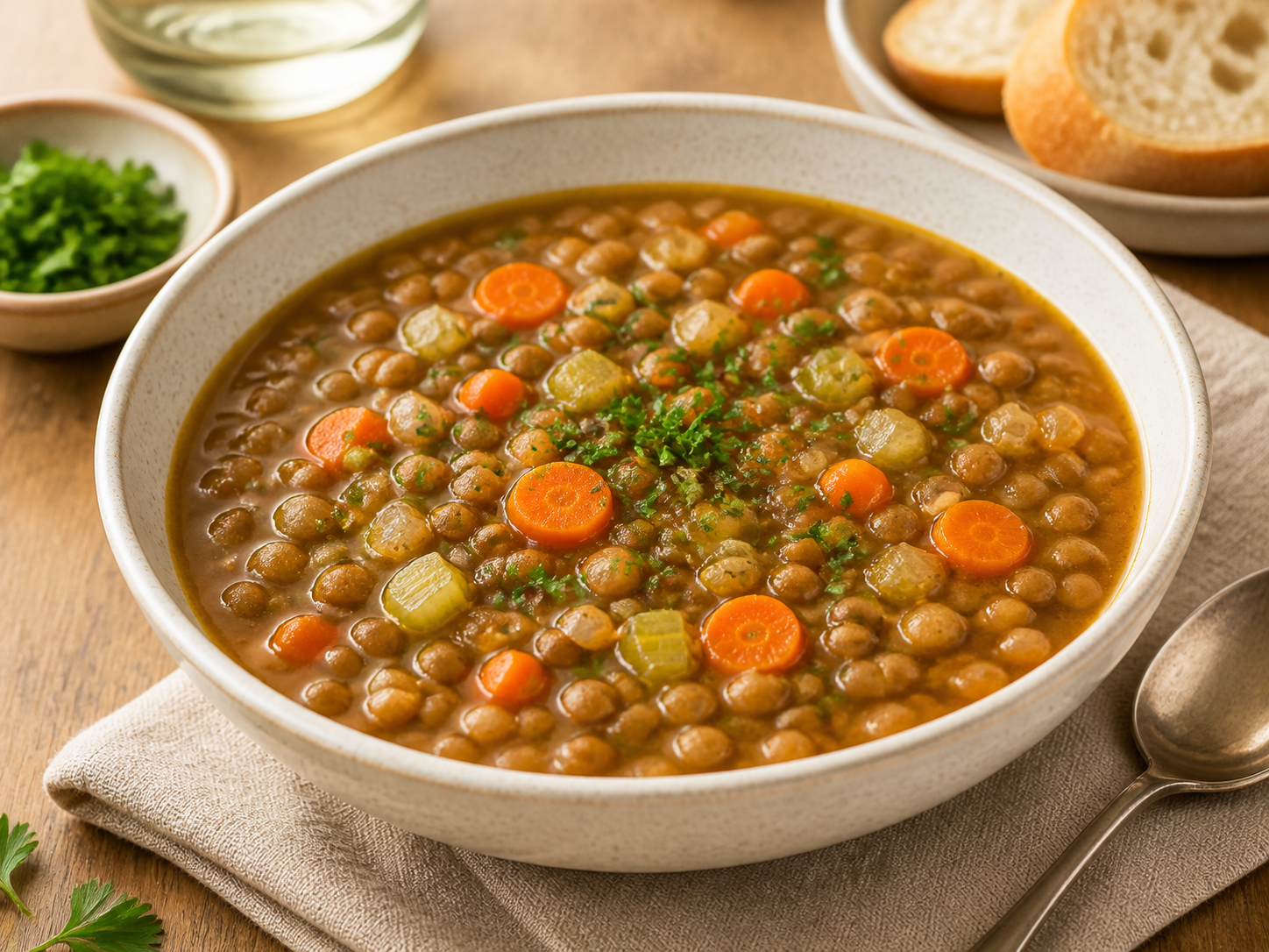 Sopa de lentejas marrón con tocino y zanahorias