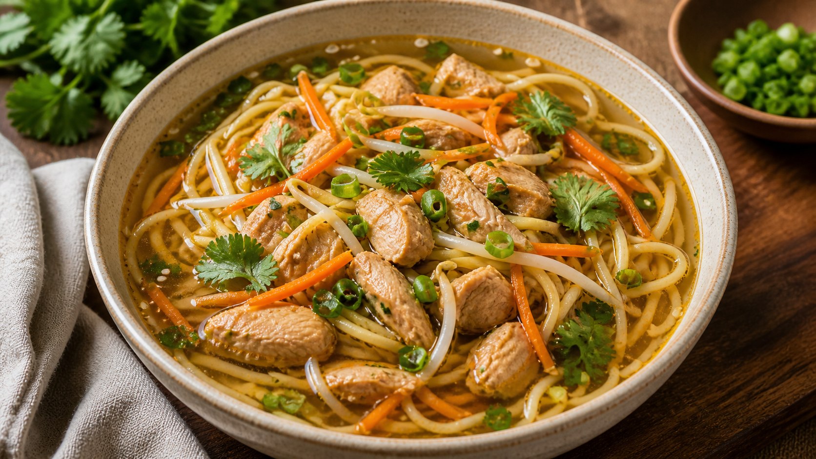 Bowl de sopa con fideos chinos y pollo