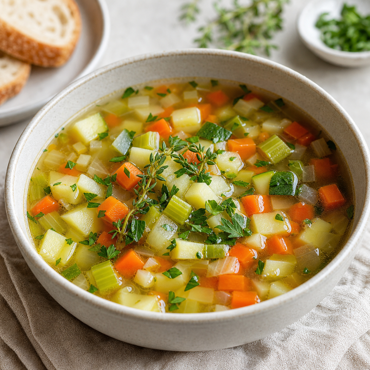 Sopa de verduras humeante con cubitos coloridos