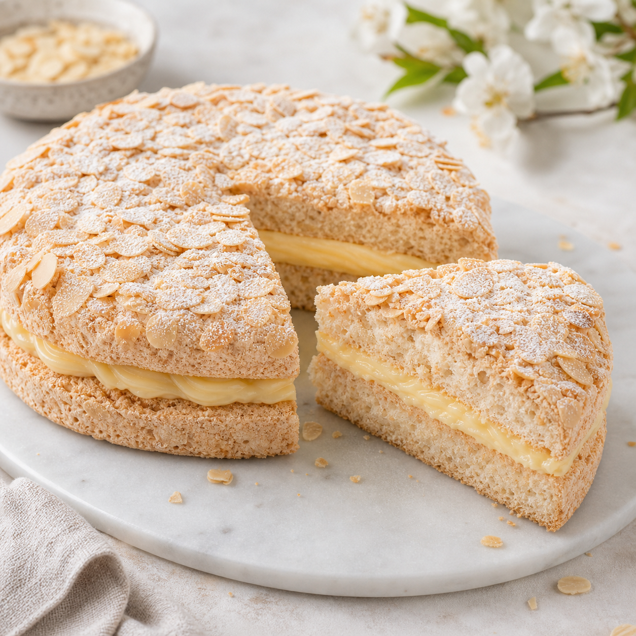 Pastel con dos capas y merengue de almendras