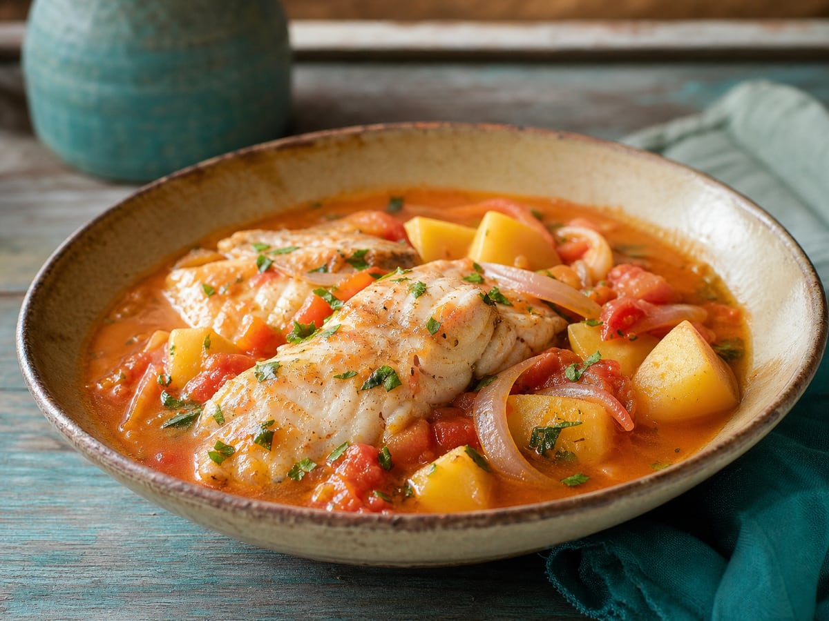 Sudado de pescado con tomate servido con tomate y cebolla