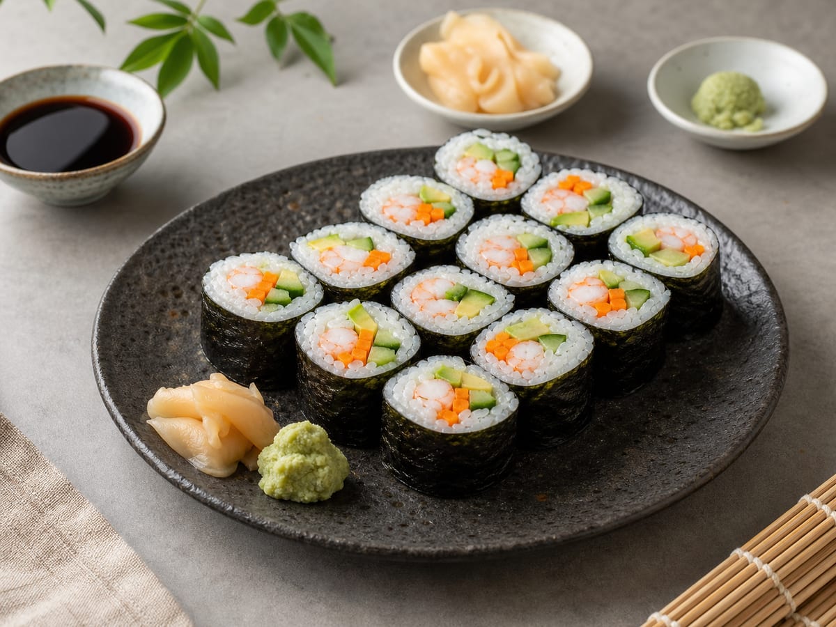 Rollos de sushi casero con camarón cocido, aguacate, pepino y zanahoria