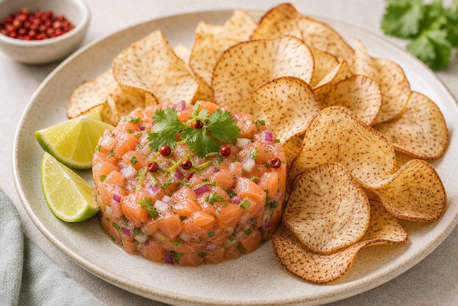 Tartar de salmón rosado en aro con chips de malanga