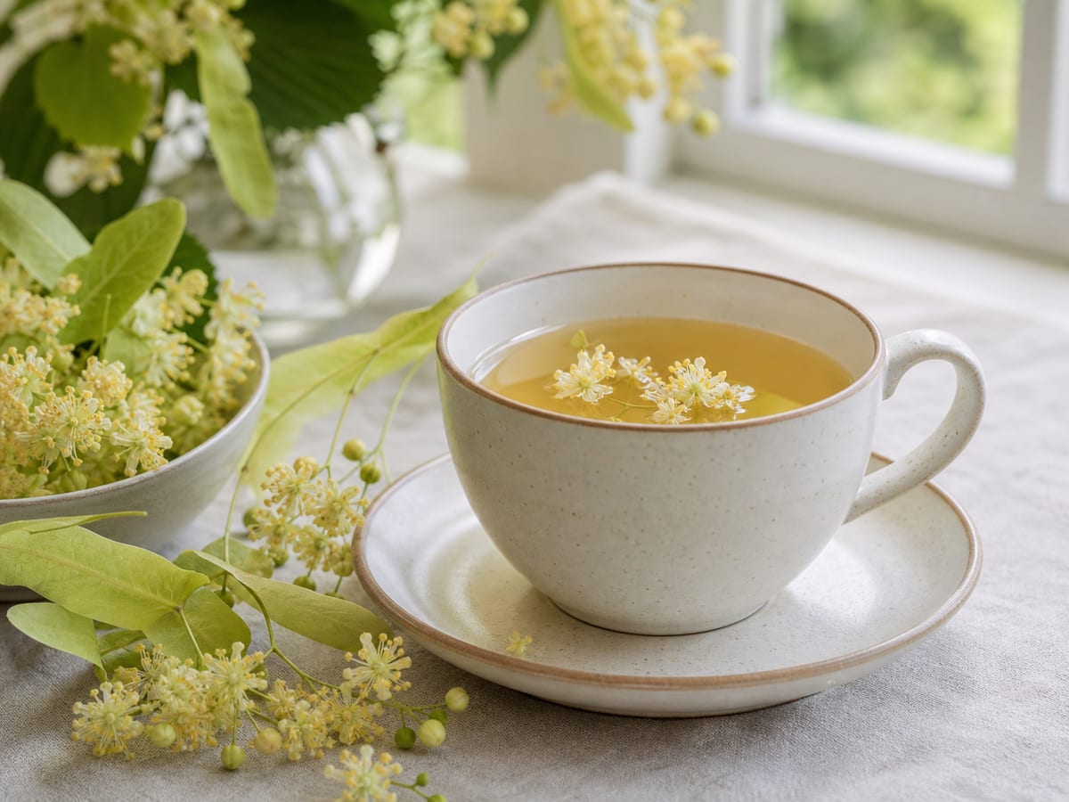 Taza de té de tilo con flores frescas