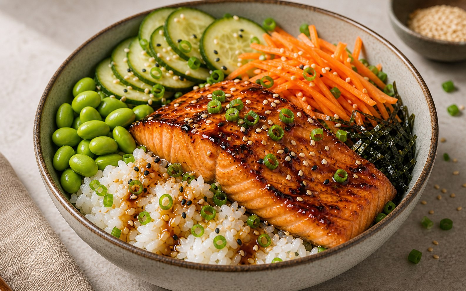 Bowl con salmon teriyaki, arroz, edamame y vegetales