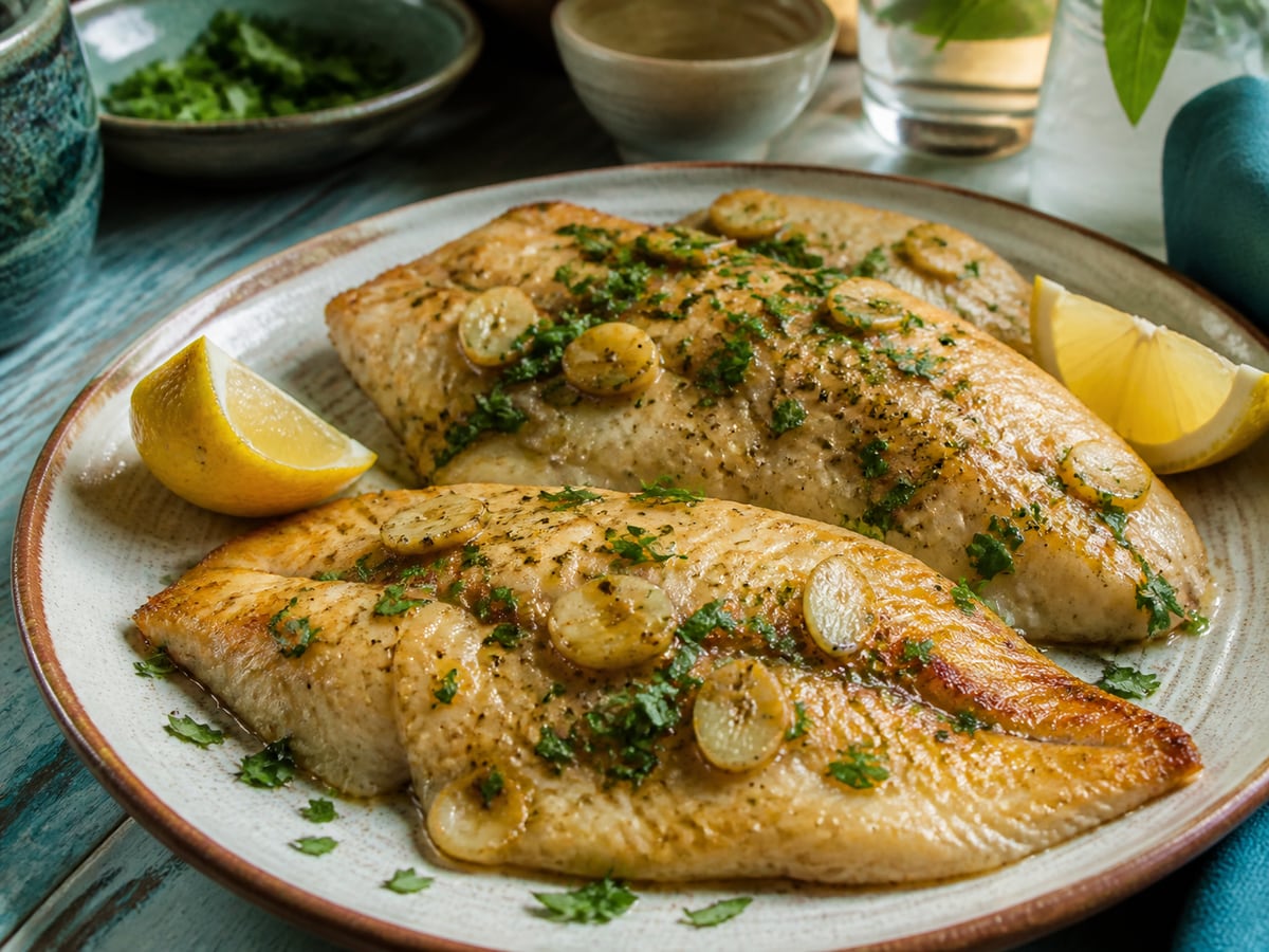 Tilapia a la plancha con ajo y limón servido con limón y ajo