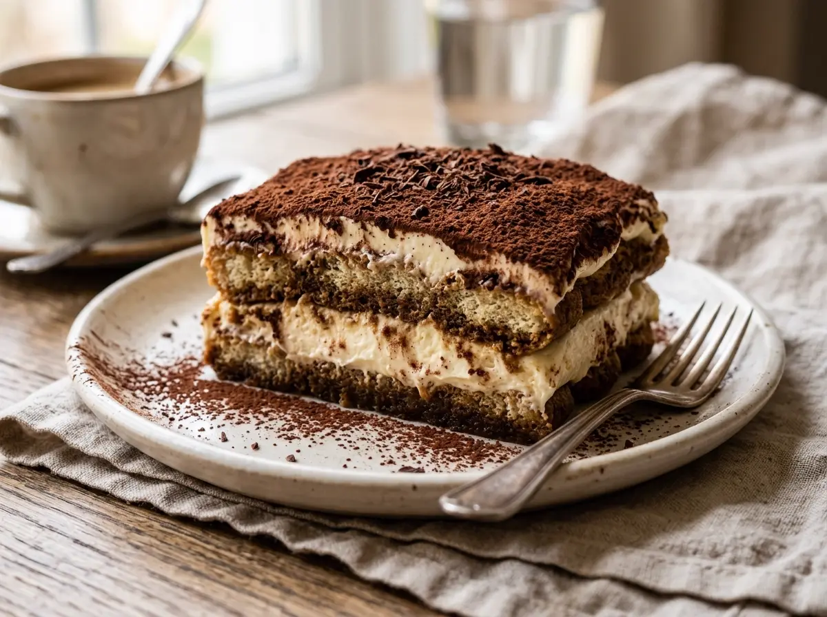 Porción de tiramisú italiano con cacao en polvo