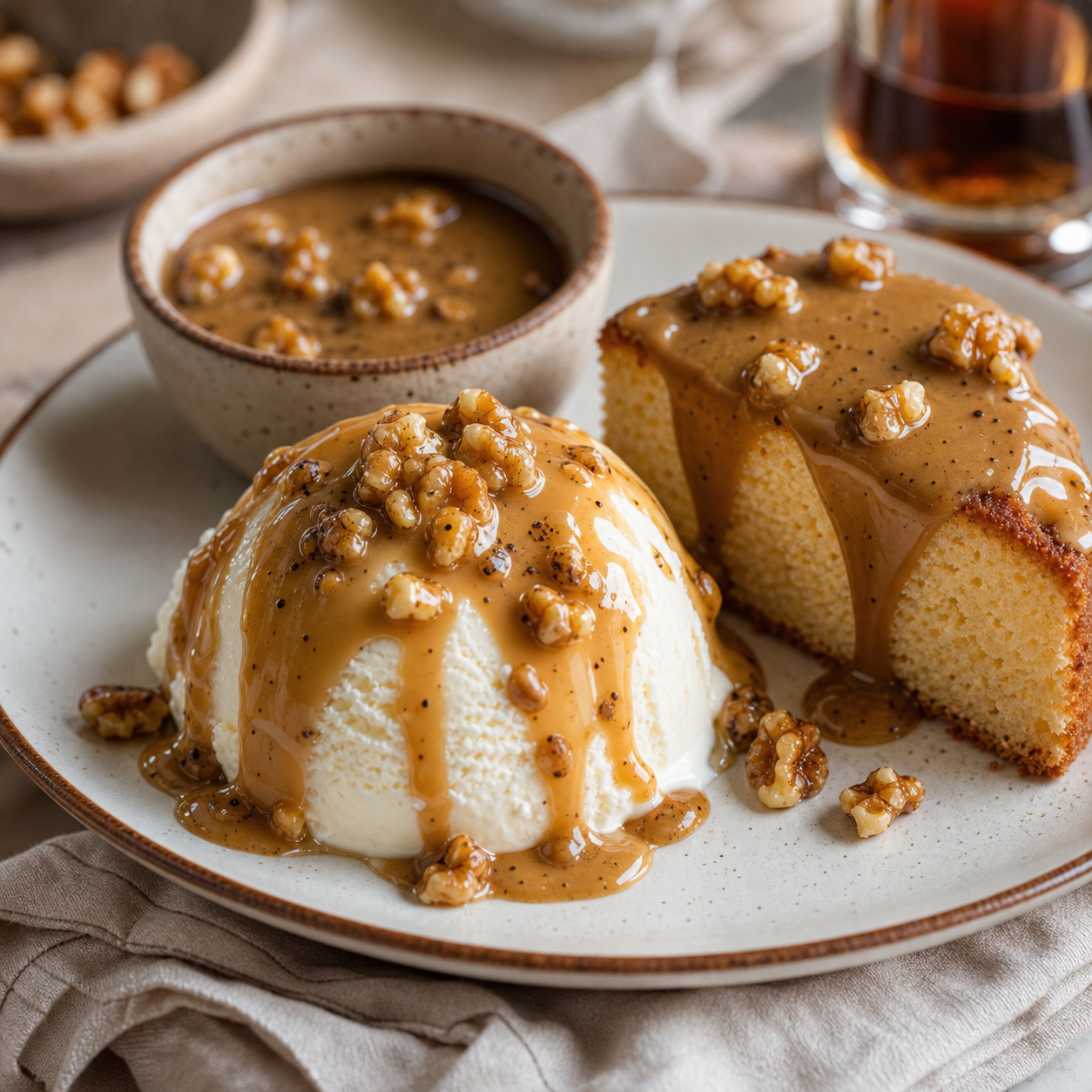 Cucharada de salsa café con nueces sobre helado