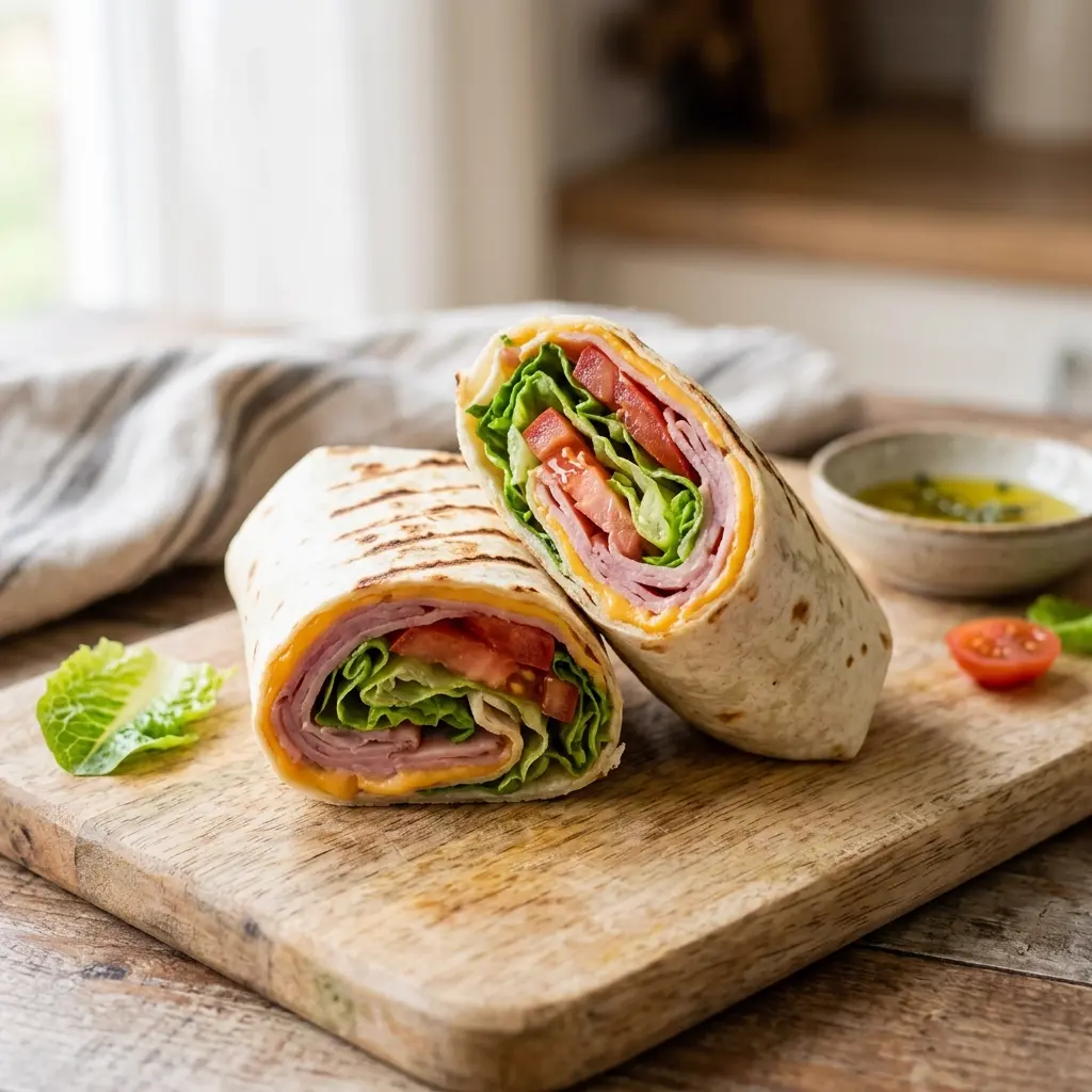 Wrap de jamón y queso cortado por la mitad mostrando sus ingredientes