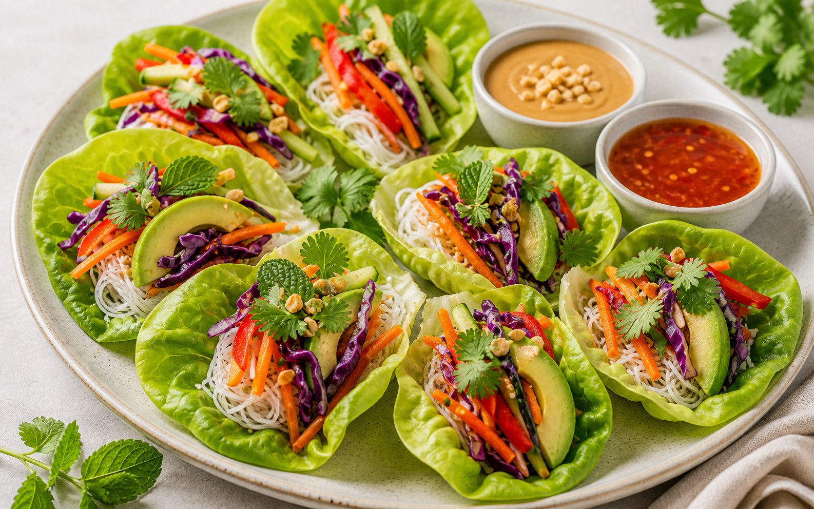 Hojas de lechuga con verduras coloridas, fideos y salsas asiáticas