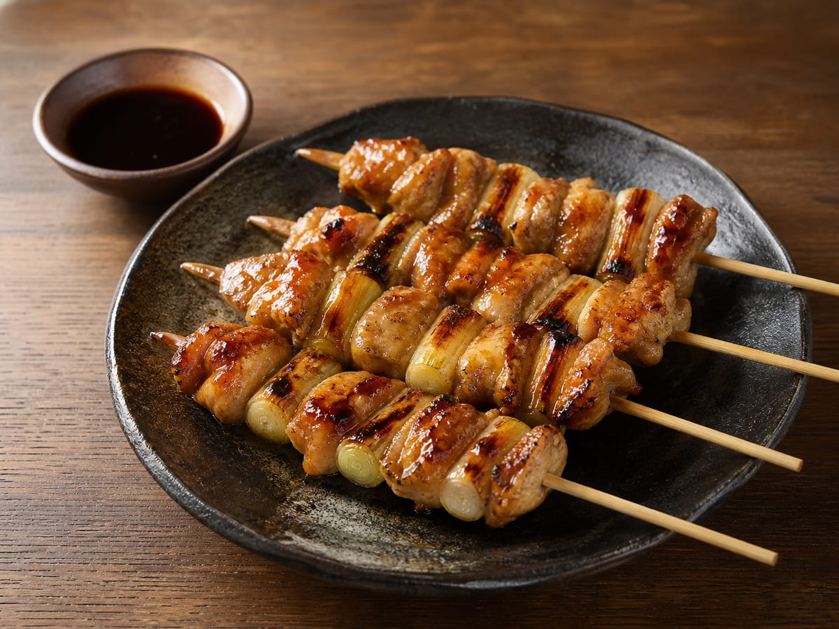 Brochetas yakitori de pollo glaseado y cebollín sobre un plato de cerámica
